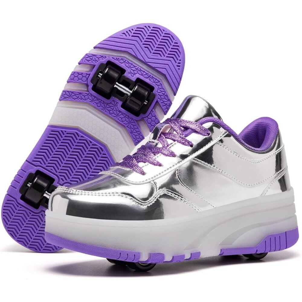 Kids Silver Purple Roller Skate Detachable Wheled Fashion Imported Sneaker Shoes